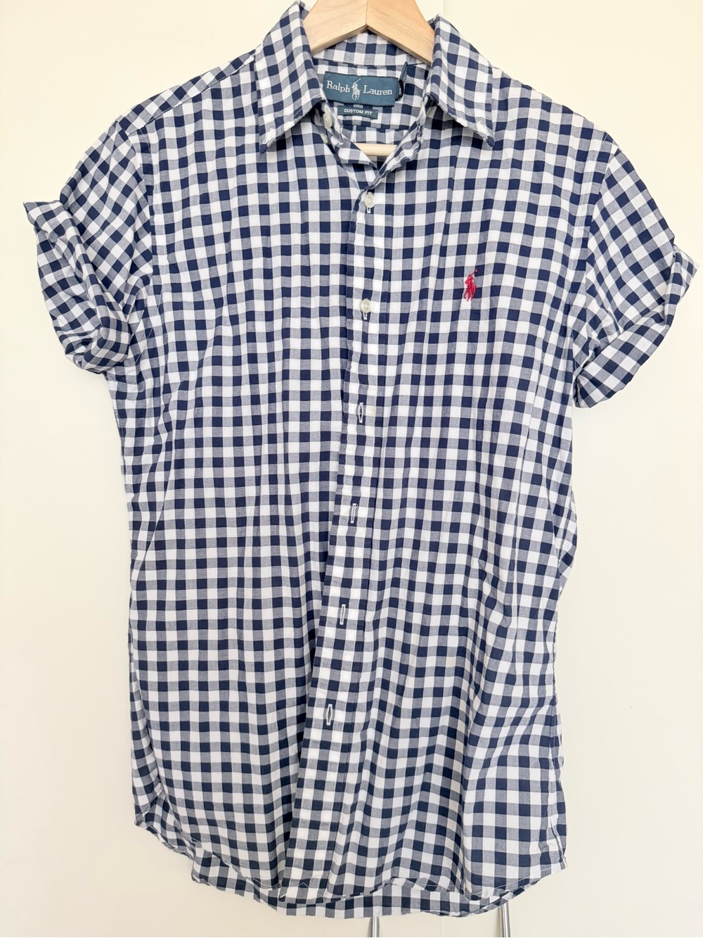 Vintage Ralph Lauren Custom Fit Gingham Crisp Cotton Navy White Cap Sleeve S Y2K